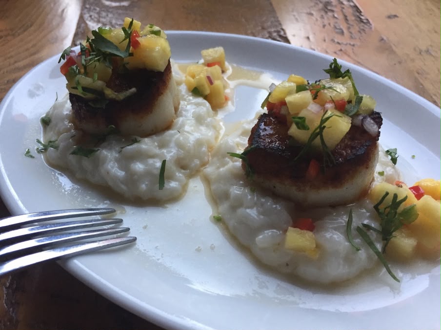 Seared Sea Scallops w Coconut Risotto, Pineapple Salsa